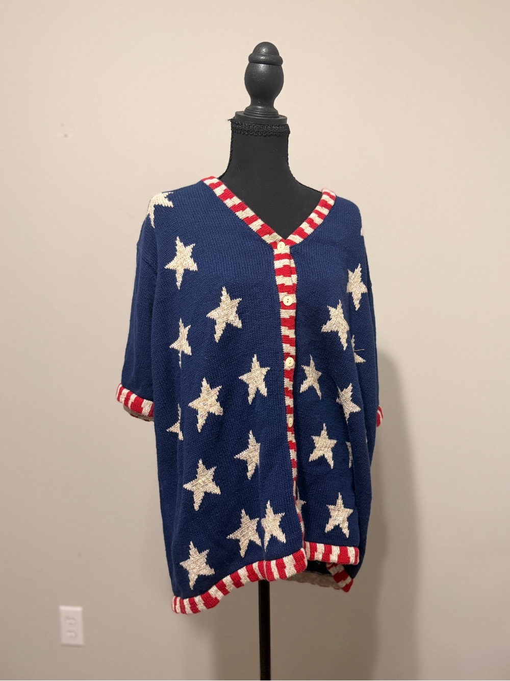Quacker Factory Navy Star Cardigan with Red & Cream Stripe Trim